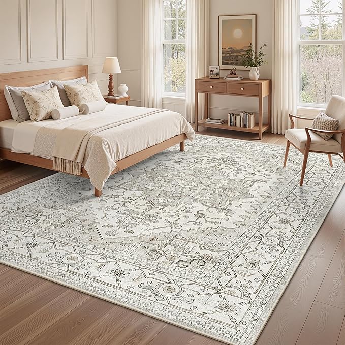 befbee Washable Area Rug 5x7, Area Rugs Stain Resistant Neutral Washable Rugs for Living Room Bedroom Vintage Non-Slip Thin Large Size Area Rug（Beige）