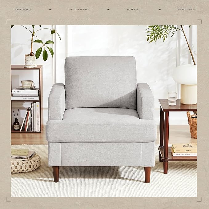 Weture Mid-Century Accent Chair,Modern Linen Fabric Armchair for Living Room,Comfy Upholstered Reading Accent Chairs for Bedroom,Single Sofa Chair with Wood Legs (Light Grey, 2 Pack)