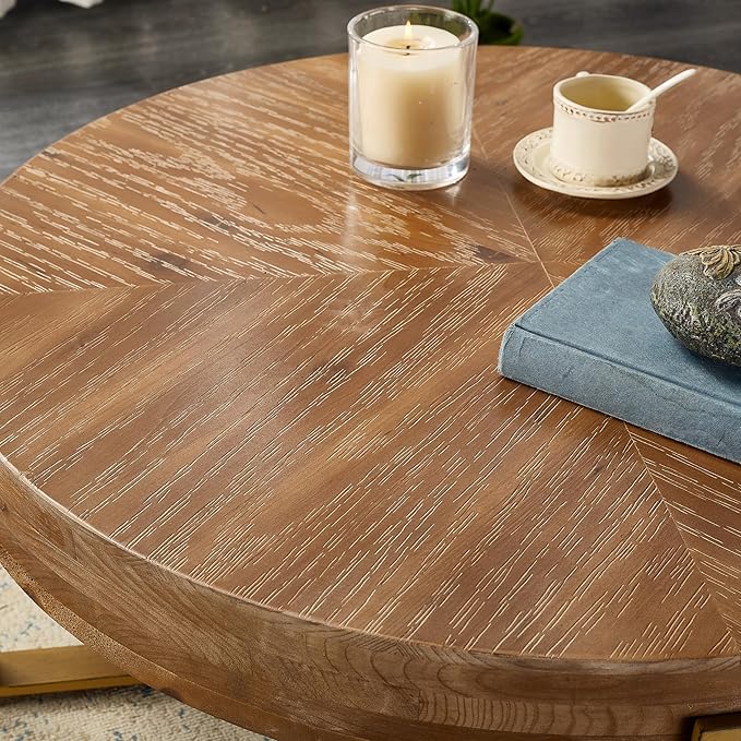 Round Wood Coffee Table for Living Room - Circle Wooden Coffee Table with Gold Metal Legs, Rustic, Vintage, Easy Assembly(Espresso,32.28" D x 32.28" W x 17.72" H)