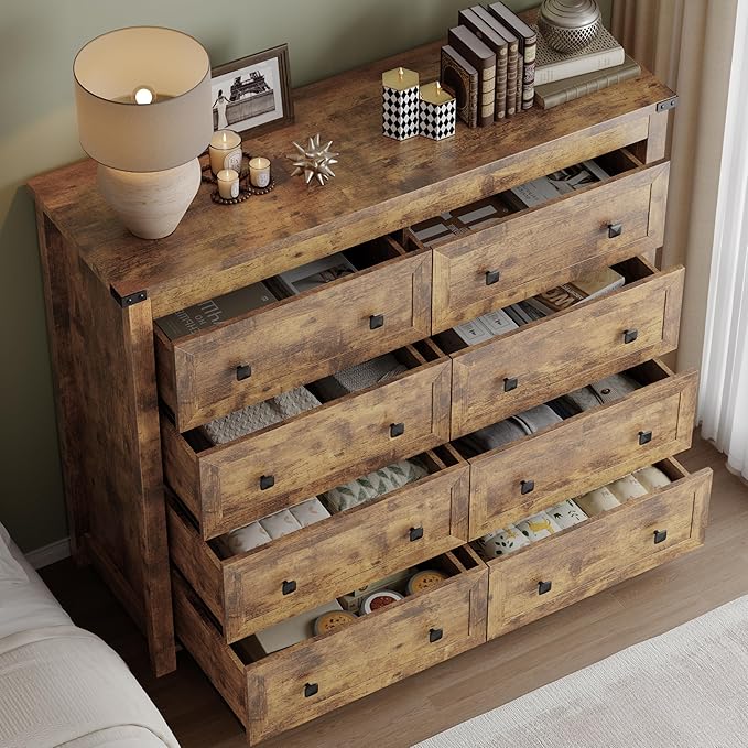 BORNOON Tall 8-Drawer Dresser, Modern Wooden Storage Chest of Drawers, Dresser TV Stand, Wood Drawer Organizer with Metal Handles for Bedroom, Living Room, Hallway