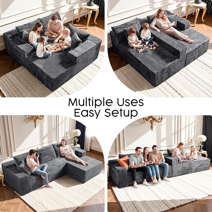 Grey Modular Sectional Couch with 108" L-Shape Chaise, Deep Seat Corduroy Sofa Plush Fabric Cloud-Like Couches for Living Room, No Assembly Modern Minimalist Furniture (Left Facing Chaise)