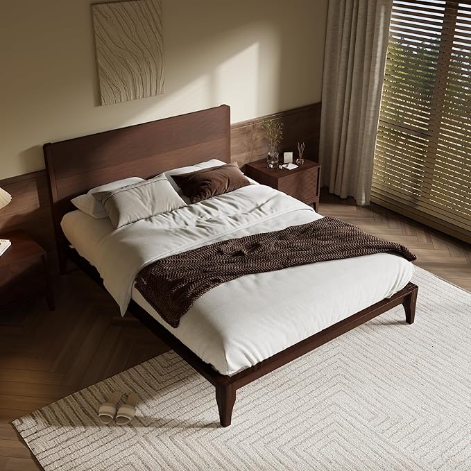 Merax Queen Size Bamboo Platform Bed, Mid-Century Modern Bed Frame with Tall Headboard, Solid Sustainable Bedframe Queen-Size, Wood Slat Support, No Box Spring Needed, Easy Assembly, Espresso