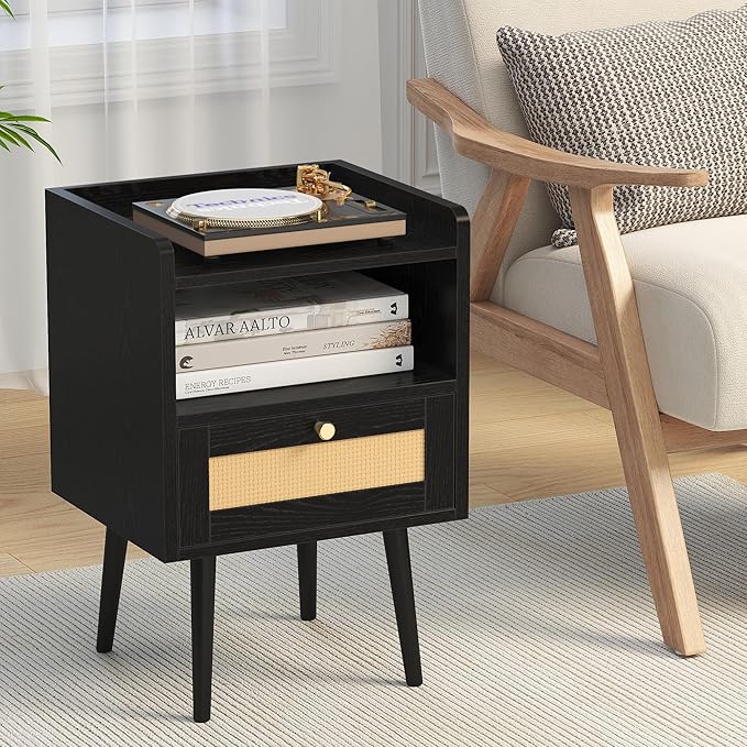 MECHYIN Night Stand Set 2, Nightstands Set of 2 with Charging Station, Rattan Side Tables with Solid Wood Legs, Boho Bedside End Table for Apartment Bedroom Dorm Small Space - Black