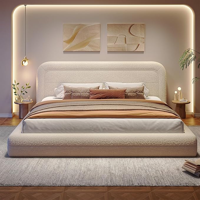 Homkdom King Size Bed Frame and Headboard, Upholstered Cloud Bed Frame, Anti-Collision Soft Rounded Corners, Boucle Platform Bed for Apartments, Guest Rooms, No Box Spring Needed,Beige