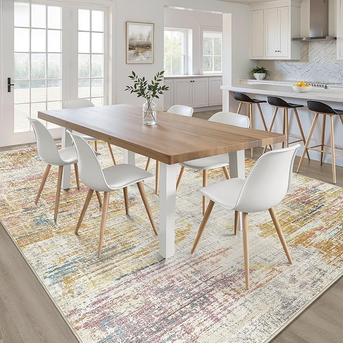 8x10 Area Rugs Living Room: Washable Large Neutral Rug Abstract Soft Modern Stain Resistant Indoor Floor Non-Slip Carpet for Bedroom Nursery Kids Classroom Playroom Dining Room Office- Gold Colorful