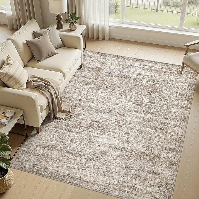 cotiled Large Area Rugs for Living Room 5x7, Machine Washable Rugs with Non Slip Backing Modern Neutral Abstract Rugs Stain Resistant Distressed Carpets for Home Office Decor (5x7 Dark Brown)