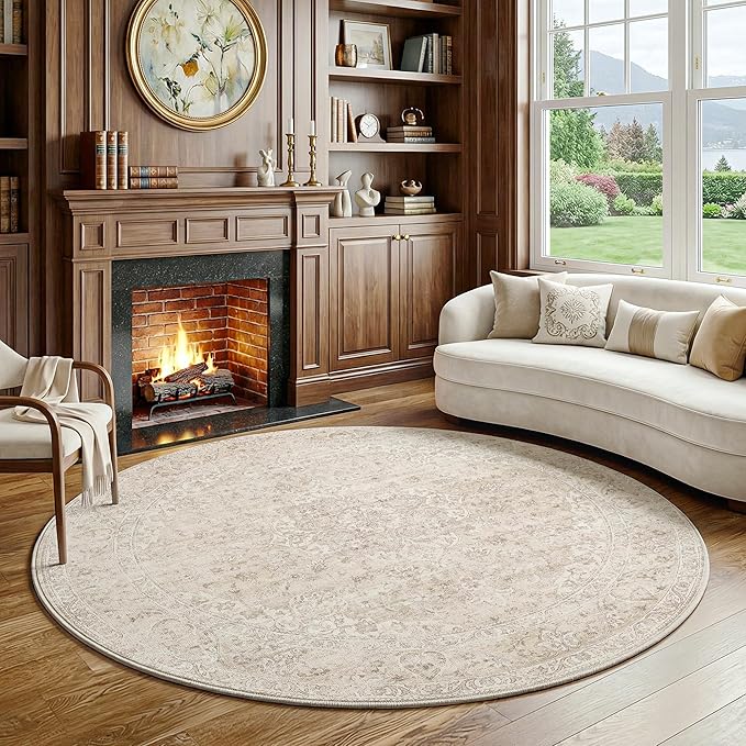 FMFUNCTEX 5ft Round Washable Area Rug Beige Vintage Neutral Oriental Distressed Non Slip Carpet for Living Room Bedroom Soft Low Pile Indoor Mat Retro Cream Rug for Dining Room Office Nursery Bedside