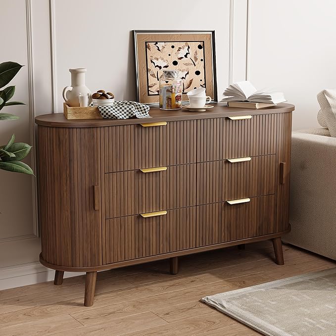 Decofy Fluted 6 Drawers Dresser, 55'' Wide Mid Century Modern Chest of Drawers with Sliding Door & Metal Handles, Curved Profile & Sturdy Legs, Wood TV Stand for Bedroom, Living Room (Walnut)