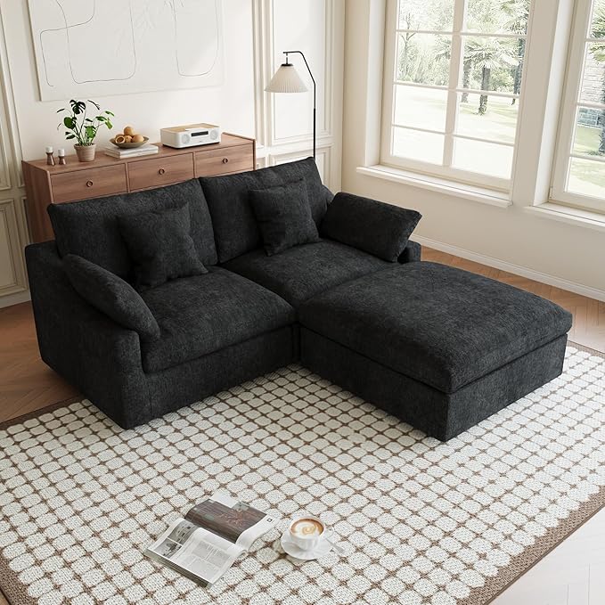 Modular Sectional Sofa Cloud Couch, 82.68" Loveseat Sofa with Chaise Ottoman, Linen Blend Fabric Minimalist Deep Seat Couches for Apartment Small Space, Sofa Covers Washable&Removable, Black