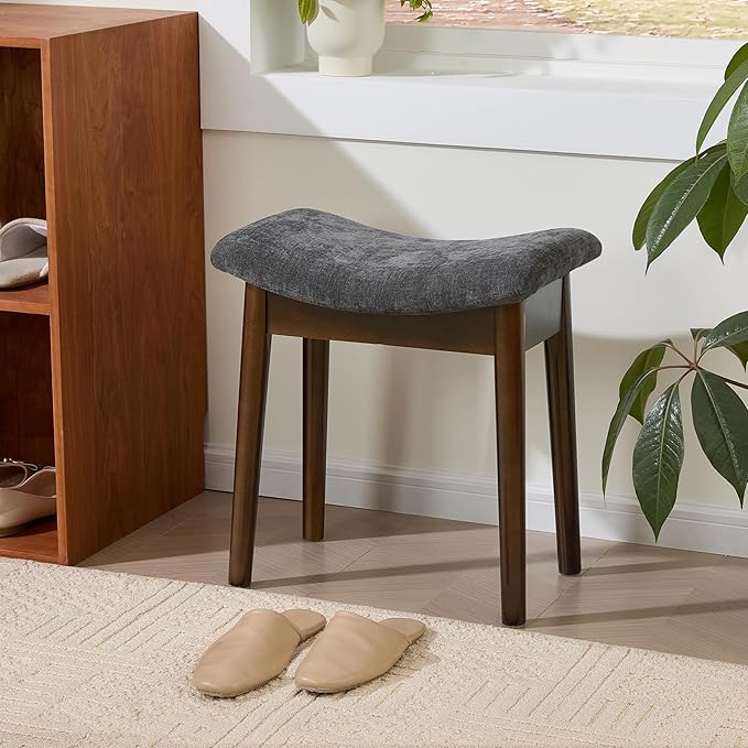 Royal Windsor Vanity Stool with Saddle Cushion, 18 Inch Makeup Vanity Chair for Living Room, Modern Foot Stool Ottoman Piano Bench,Small Upholstered Bench for Bedroom, Dark Grey