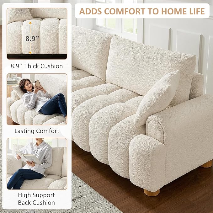 VANOMi Boucle Sofa Couch, 91" Comfy Tufted Upholstered Cloud Couches, Modern 3 Seater Sofa with Pillows, Oversized Deep Seat Sherpa Couch for Living Room, Bedroom, Apartment (White)