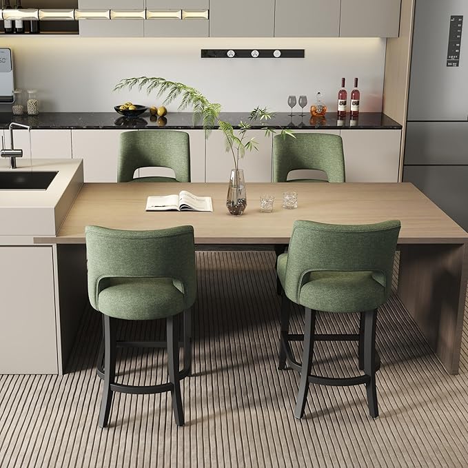 VKNOW Bar Stools Set of 4, 26" Upholstered Counter Height Bar Stools, Modern Counter Stools with Black Legs for Kitchen Island Dining Room Bar, Green-Black Legs