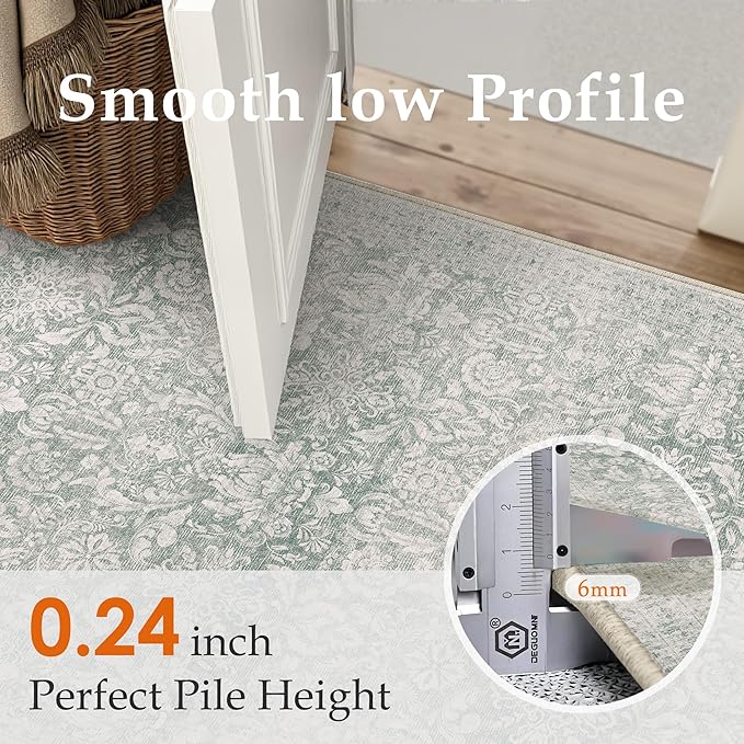 PureCozy Washable Area Rug 2x3, Small Non-Slip Green Entryway Door Mat Vintage Low Plie Thin Indoor Kitchen Bathroom Rug Retro Accent Throw Entrance Bedroom Office Carpet