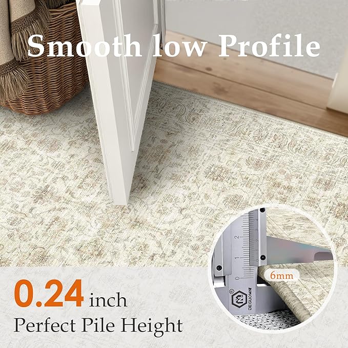 PureCozy 2x8 Runner Rug Machine Washable Hallway Kitchen Vintage Distressed Non Slip Carpet Indoor Small Long Low Pile Thin Beige Bedroom Bathroom Retro Accent Throw Rug Laundry Living Room