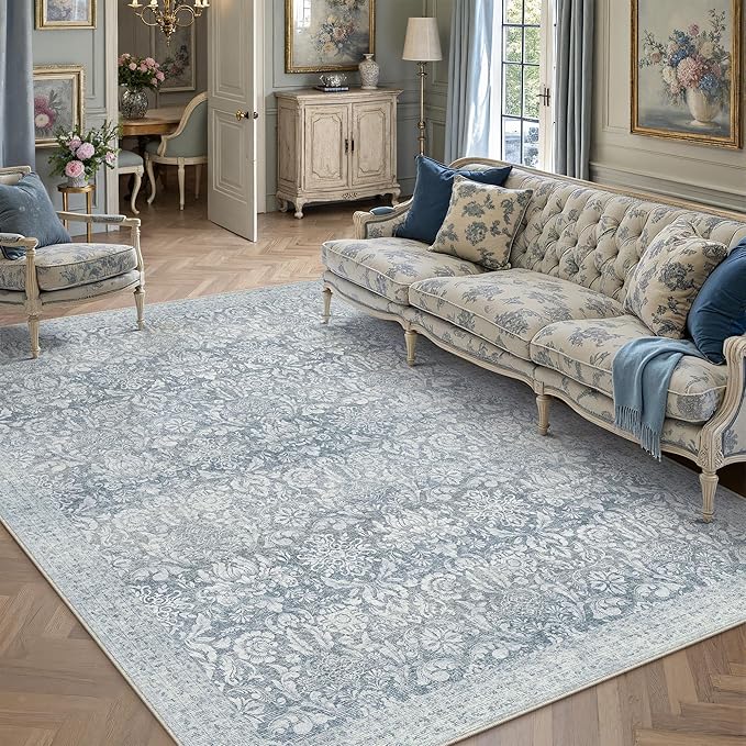 PureCozy Blue 5x7 Area Rug Washable Vintage Living Room Bedroom Carpet Indoor Non Slip Soft Low Pile Thin Rug Retro Accent Throw Office Dining Room
