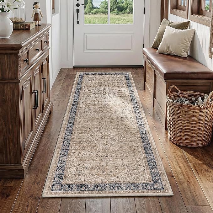 FMFUNCTEX 2x6 Hallway Runner Rug Brown Vintage Washable Distressed Oriental Non Slip Low Pile Neutral Indoor Carpet Retro Antique Thin Entryway Rug for Kitchen Bedroom Bedside Laundry Entry Bathroom