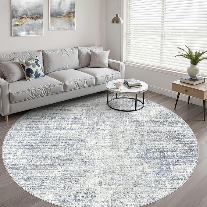 8ft Round Rug Living Room: 8x8 Washable Large Neutral Blue Circle Area Rug Abstract Soft Modern Stain Resistant Indoor Floor Non-Slip Carpet for Bedroom Nursery Kids Office Playroom Dining Room