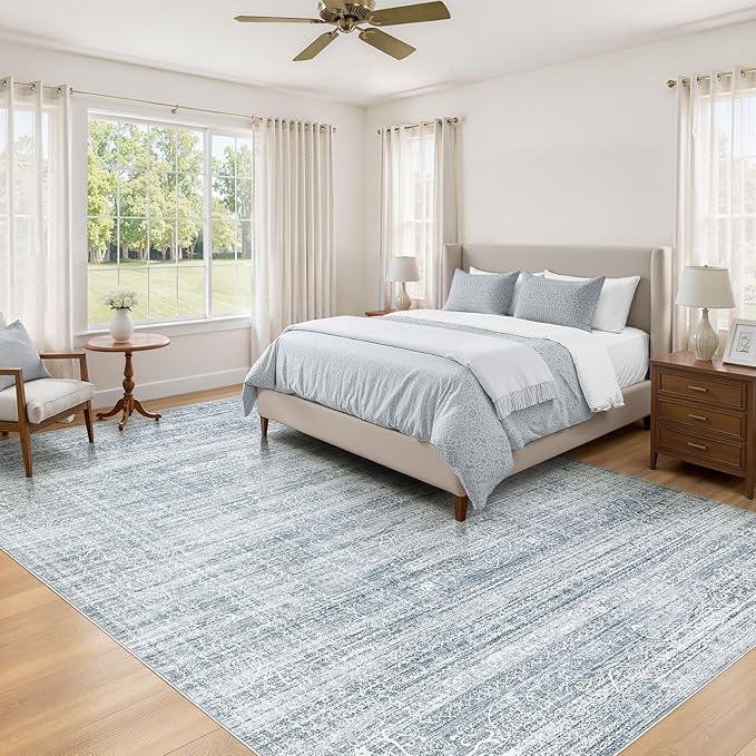Nakagishi Area Rugs 9x12 Living Room: Washable Large Vintage Blue Rug Neutral Non-Slip Soft Stain Resistant Indoor Carpet for Bedroom Nursery Dining Room Under Table Bed Home House Office Playroom