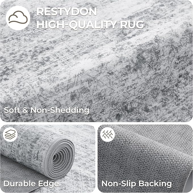 Area Rugs 4x6 for Living Room, Non-Slip Backing Small Kids Rugs for Bedroom, Vintage Abstract Rug Home Decor, Low Pile Soft Washable Rug for Kitchen, Dining Room (4'x6', Grey/Ivory)