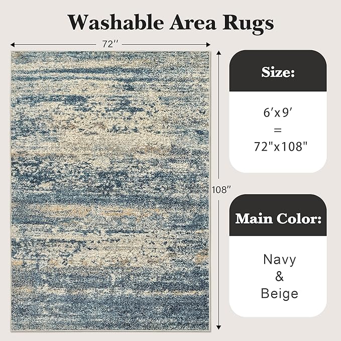 Art&Tuft Washable Rug 6x9, Anti-Slip Backing Abstract 6x9 Area Rug, Stain Resistant Rugs for Living Room, Foldable Machine Washable Area Rug (6'x9', Navy)