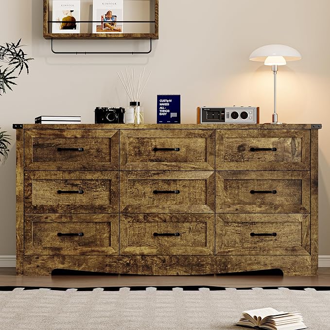 BORNOON 9-Drawer Dresser for Bedroom, Modern Wooden Chest of Drawers with Metal Handles, Anti-Tipping Design, Sturdy and Stable Storage Organizer for Living Room, Entryway, Home Office