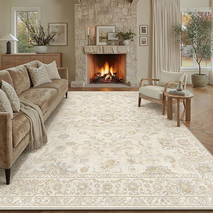 8x10 Beige Washable Area Rug for Living Room Bedroom Neutral Soft Floral Non Slip Large Throw Rug Lightweight Vintage Low Pile Distressed Carpet Office Playroom Dining Room Home Decor
