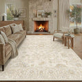 8x10 Beige Washable Area Rug for Living Room Bedroom Neutral Soft Floral Non Slip Large Throw Rug Lightweight Vintage Low Pile Distressed Carpet Office Playroom Dining Room Home Decor