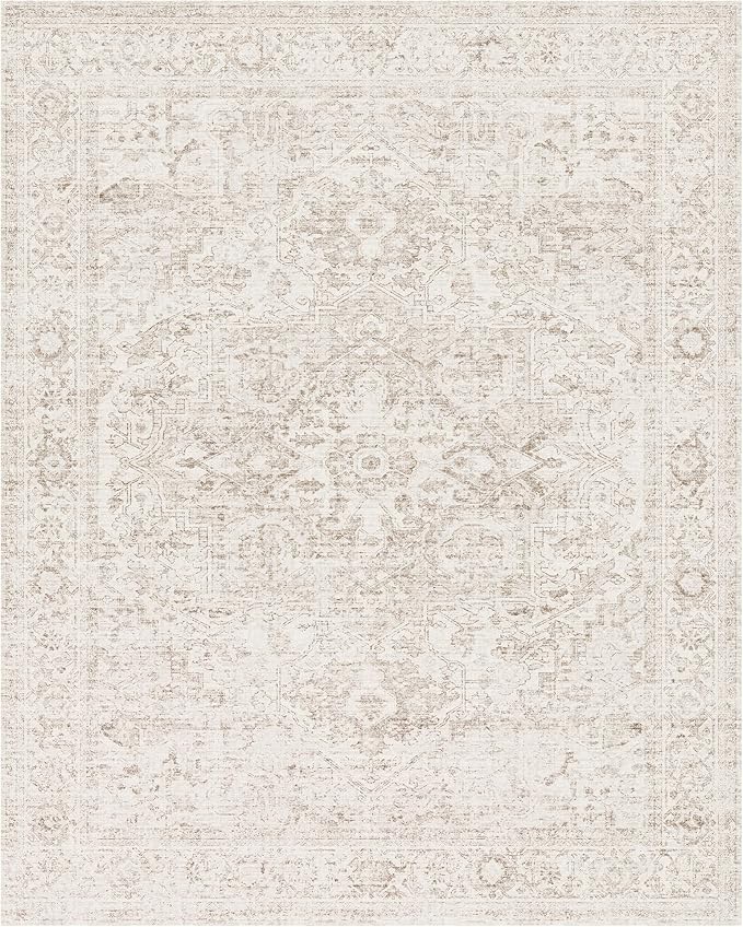FMFUNCTEX 4x5 Washable Area Rug Neutral Vintage Beige Distressed Non Slip Low Pile Traditional Indoor Carpet for Living Room Bedroom Soft Retro Mat Throw Rug for Dining Office Kitchen Dorm Entryway