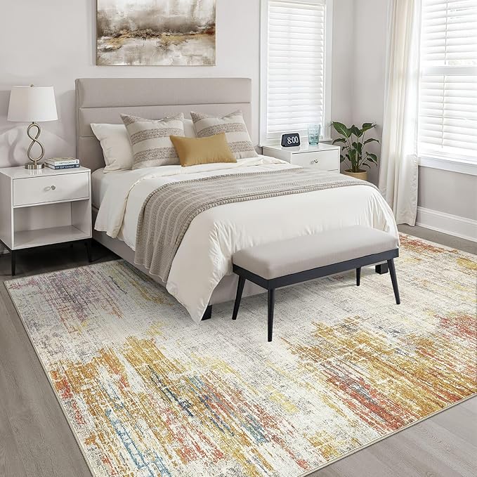 5x7 Area Rugs Living Room: Washable Large Neutral Rug Abstract Soft Modern Stain Resistant Indoor Floor Non-Slip Carpet for Bedroom Nursery Kids Classroom Playroom Dining Room Office- Gold Colorful