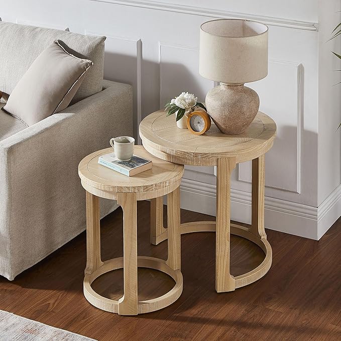 WILLIAMSPACE 24" Round Nesting Coffee Table Set of 2, Solid Wood Coffee Tables Mid Century Rustic Farmhouse Side End Tea Table for Living Room, Apartment (Oak)