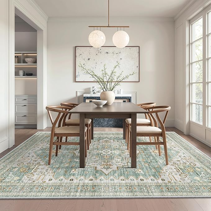 Area Rugs for Living Room - 6x9, Boho Non-Slip Low Pile Carpet Machine Washable Rugs for Bedroom, Farmhouse, Office, Dining Room (Green)