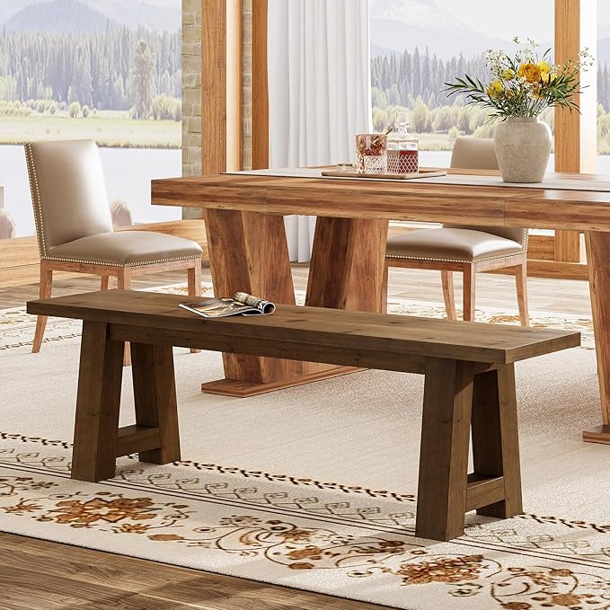 Solid Wood Dining Bench, 55.12-Inch Farmhouse Entryway Bench Indoor for Hallway, Kitchen, Dining Room, Living Room (Dark Brown)