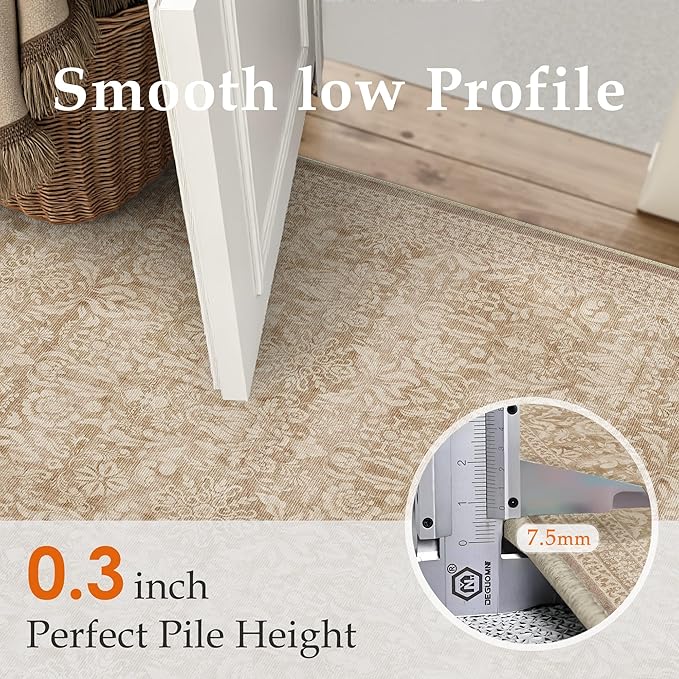 PureCozy 3x5 Area Rug Washable Entryway Office Vintage Carpet Indoor Non Slip Small Low Plie Thin Bedroom Kitchen Light Brown Rug Retro Accent Throw Living Dining Room Bathroom