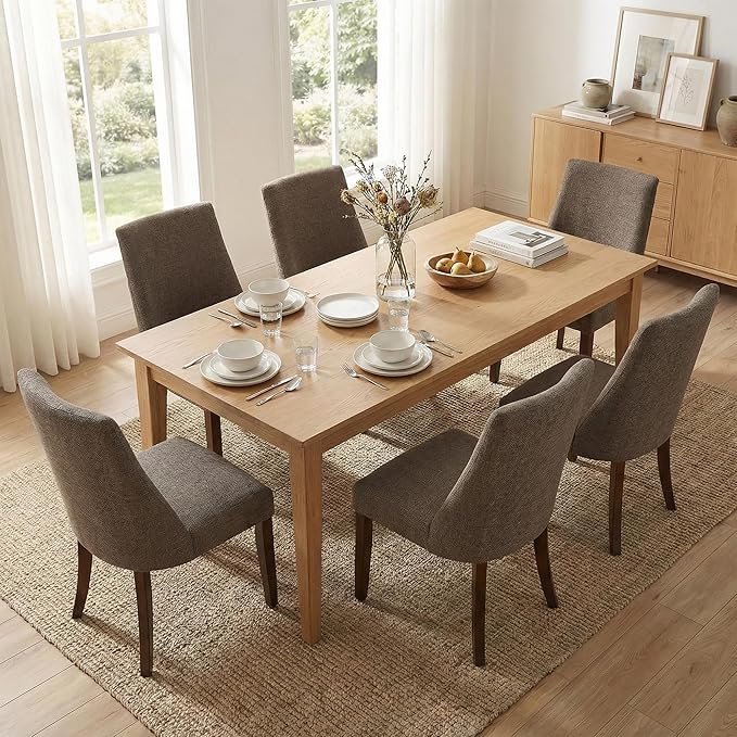 Wooden Dining Chairs Set of 4, Upholstered Farmhouse Fabric Dining Room Chair, Mid Century Kitchen Chair for Restaurant & Cafe, Brown