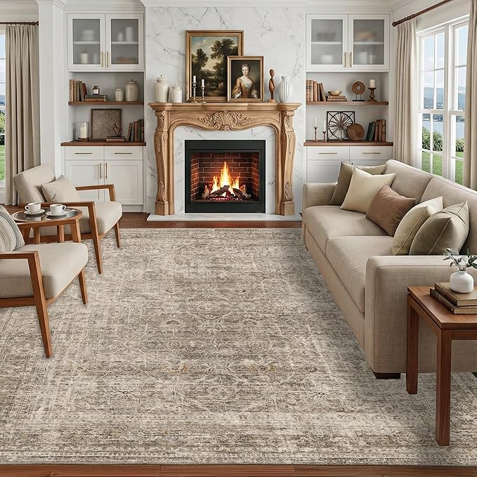 FMFUNCTEX 8x10 Washable Area Rug Vintage Neutral Distressed Large Taupe Non Slip Carpet for Living Room Bedroom Soft Low Pile Indoor Mat Retro Floral Throw Rug for Dining Room Kitchen Office Nursery