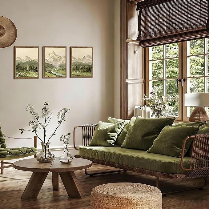Framed Mountain Wall Art for Living Room, Green Nature Landscape Canvas Wall Decor Set of 3, Vintage Forest Rustic Farmhouse Prints Pictures Paintings for Office Bedroom 16x24 Inch