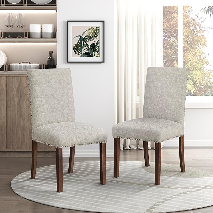 Lexicon Upholstered Dining Chairs Set of 2 - Soft Durable Fabric Armless High Back Kitchen Modern Dining Room Chairs for 2, Nailhead Trim Side, Brushed Brown Sturdy Wooden Frame, Easy Assembly, Taupe