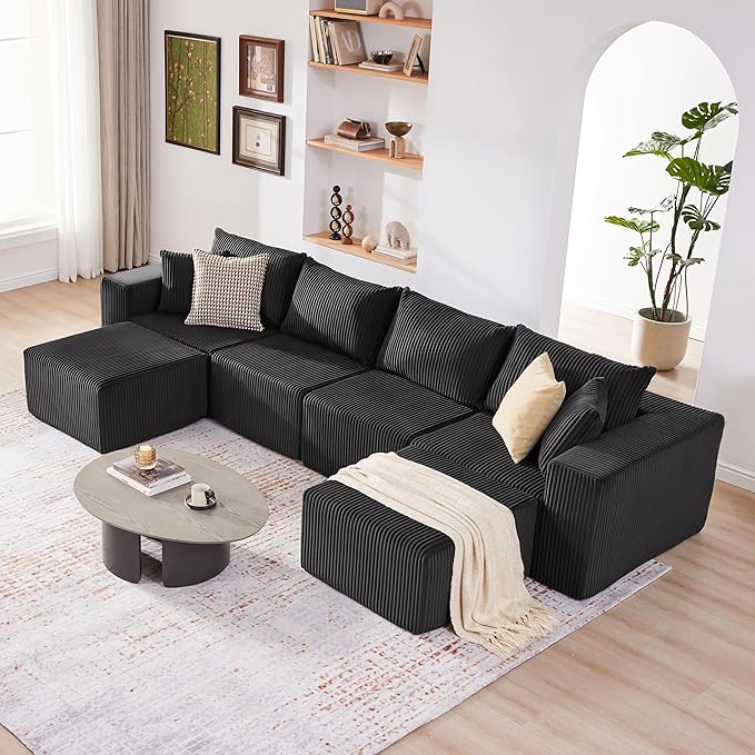 Weture 135.4" Cloud Couch Sectional, Modular Sectional Sofa with Deep Seat, Plush Corduroy U Shaped Boneless Couch, Convertible Sectional Couches for Living Room, 6Seat, Black
