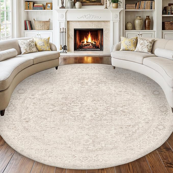 Fmfunctex 8ft Round Washable Area Rug Beige Vintage Neutral Oriental Distressed Large Non Slip Carpet for Living Room Bedroom Soft Low Pile Indoor Mat Retro Throw Rug for Dining Kitchen Office Nursery