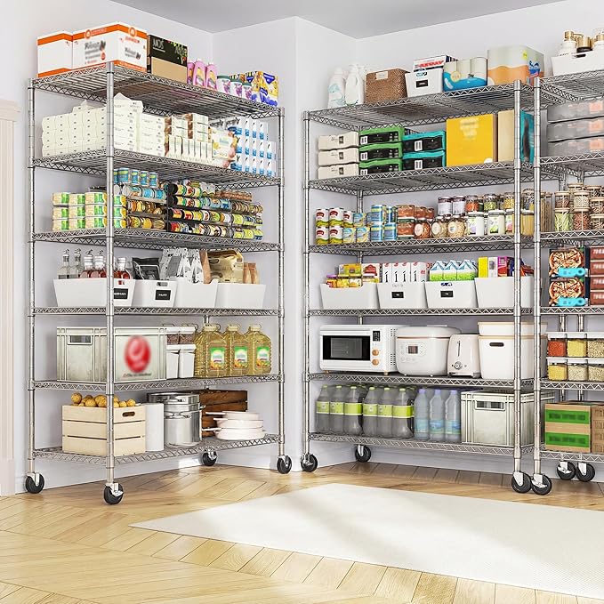 Romorgniz 82" H X45 W X18 D Storage Shelves with Wheels, 6 Tier Wire Shelving Adjustable Metal Shelving Pantry Shelves Capacity 1200LBS for Garage Shelving, Pantry, Kitchen, Commercial, Chrome,3P