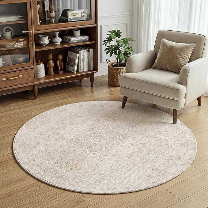 FMFUNCTEX 3ft Round Washable Area Rug Beige Vintage Neutral Oriental Distressed Small Non Slip Carpet for Living Room Bedroom Soft Low Pile Indoor Mat Cream Retro Rug for Entryway Bathroom Bedside