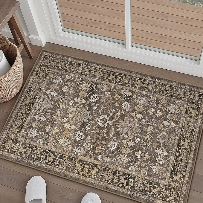 2x3 Brown Washable Vintage Area Rug for Living Room Soft Floral Non Slip Throw Rug Modern Low Pile Stain Resistance Doormat Distressed Carpet Entrance Dinning Laundry Room Kitchen Bathroom