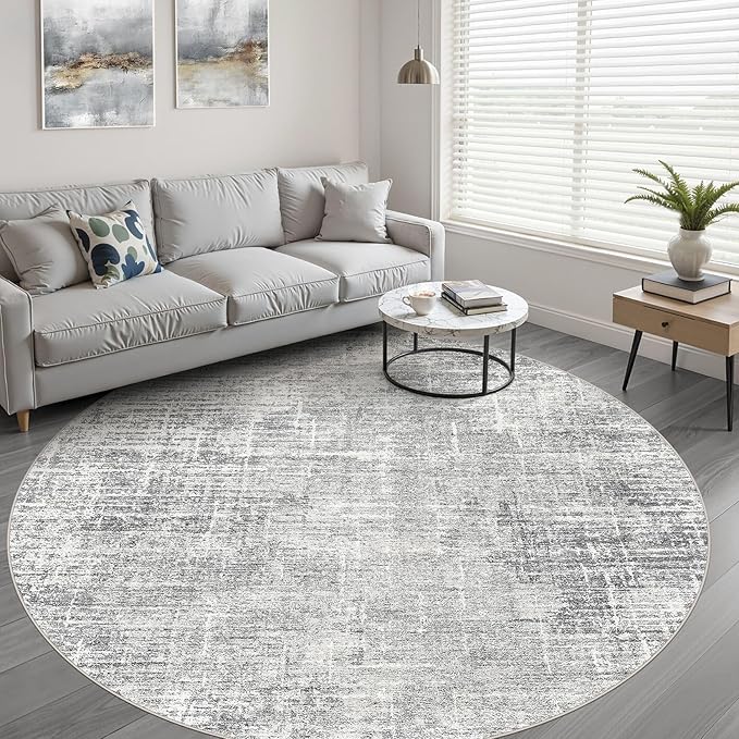 7ft Round Rug Living Room: 7x7 Washable Large Neutral Grey Circle Area Rug Abstract Soft Modern Stain Resistant Indoor Floor Non-Slip Carpet for Bedroom Nursery Kids Office Playroom Dining Room