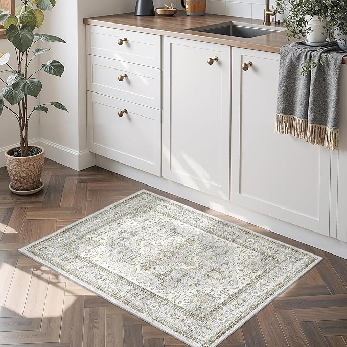 Rugs for Entryway, 2X3 Washable Kitchen Rugs Non Slip Indoor Door Mat Stain Resistant Small Low-Pile Throw Carpet for Bathroom Bedroom(2x3,Blue＆Beige)