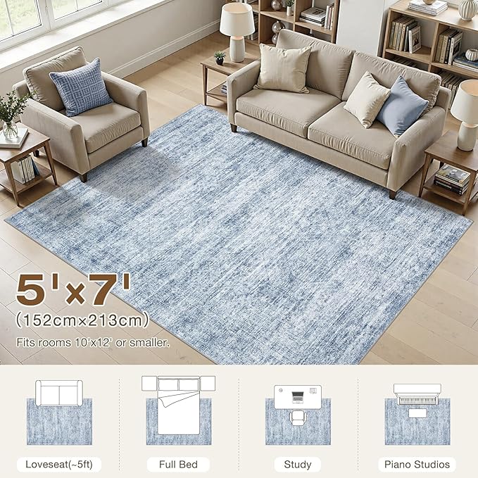 cotiled Large Area Rugs for Living Room 5x7, Machine Washable Rugs with Non Slip Backing Modern Neutral Abstract Rugs Stain Resistant Distressed Carpets for Home Office Decor (5x7 Blue)