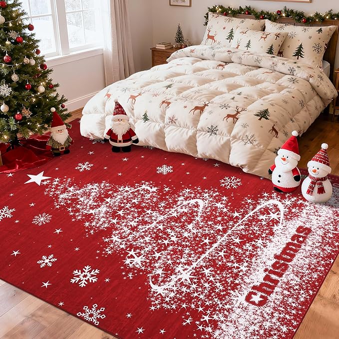 Garvee Christmas Area Rug 9x12 Living Room Red Rug, Soft Christmas Tree Large Washable Rug for Bedroom, Non Slip Low Pile Indoor Floor Carpet for Home Office Xmas Holiday Decor Rugs, Red