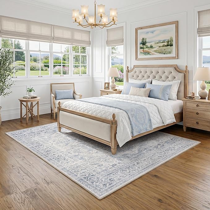 FMFUNCTEX 5x7 Washable Area Rug Blue Neutral Vintage Distressed Non Slip Low Pile Traditional Indoor Carpet for Living Room Bedroom Soft Retro Mat Throw Rug for Dining Office Kitchen Dorm Entryway