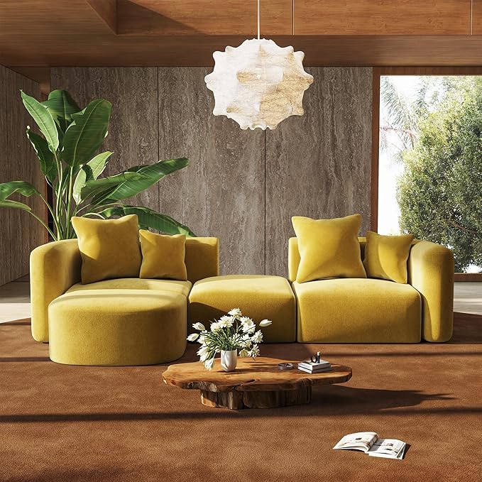 116" Modular Sectional Couches with Ottoman, Luxury Modern Curved Back Sofa, Minimalist Style Oversized 4 Seat Deep Comfy Convertible L Shape Boneless Couch for Living Room Office Apartment, Yellow