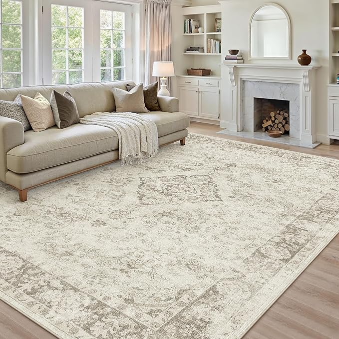 PureCozy 8x10 Area Rugs Beige Washable Living Room Bedroom Carpet Vintage Distressed Large Non Slip Low Pile Thin Dining Room Home Office Medallion Accent Rug