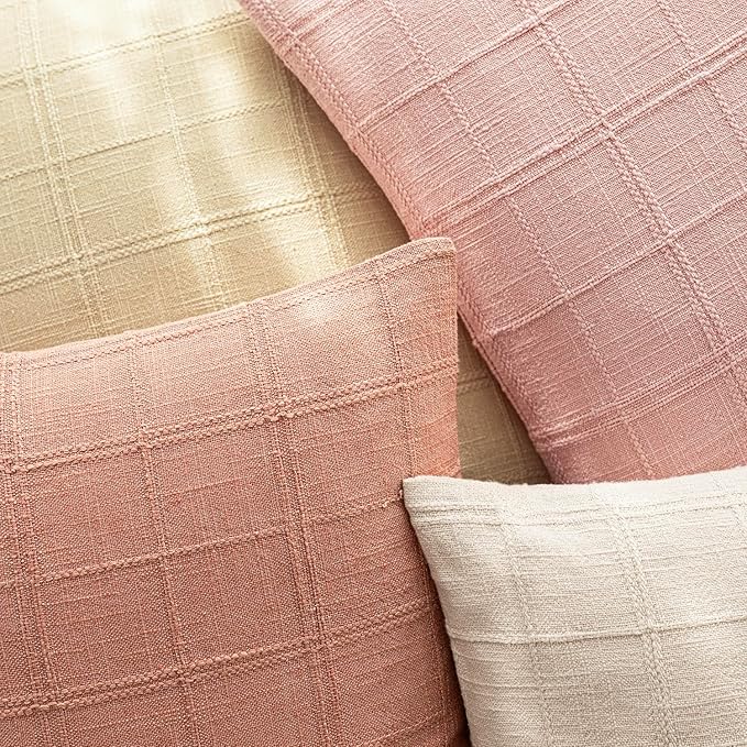 Foindtower Set of 2 Decorative Linen Check Throw Pillow Covers Neutral Farmhouse Vintage Cushion Covers Modern Boho Accent Home Decor for Sofa Chair Couch Bedroom Living Room,24×24 Inch,Coral Pink